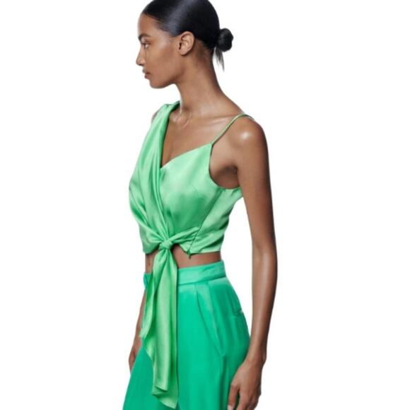 Zara Satin Asymmetric Top Intense Green NWT Size XS - Picture 3 of 5